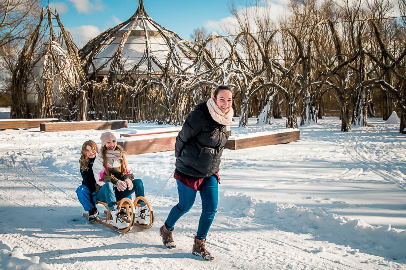 Mama zieht ihre Kinder durch den Schnee im Winter im IGA-Park-Rostock