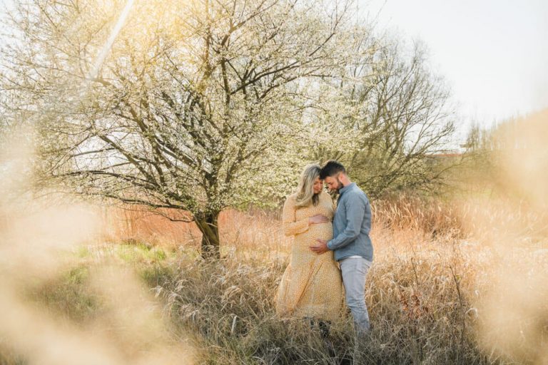 Mann und Frau stehen Stirn an Stirn nebeneinander und bestaunen den Babybauch mit ihren Zwillingen. Sie stehen in einem Feld, hinter ihnen ist ein großer Baum, der gerade weiße Blüten im Frühling bekommt. Die Sonne scheint und macht im Vordergrund ein schönes Bokeh.