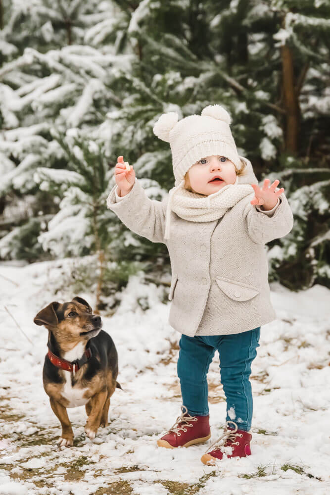 Kleinkind mit Hund im Schnee beim Fotoshooting in Rotsock