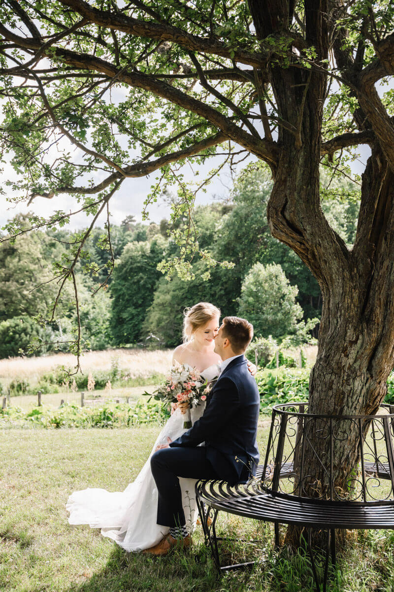 Fotograf für Hochzeitsfotos im Schloss Vietgest in Lalendorf, Mecklenburg-Vorpommern. Das Brautpaar sitzt auf einer Bank unter einem Baum.