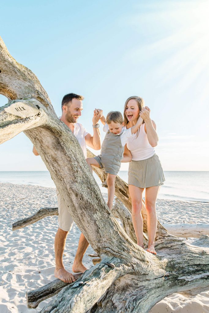 Familien-Fotoshooting am Weststrand. Kleinkind klettert Baumstamm am Strand hoch, die Eltern halten seine Hände. Blauer Himmel und Sonnenschein.